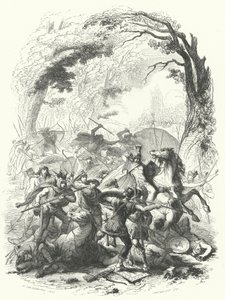 Nederlaag van het Romeinse leger onder Sabinus en Cotta door de Galliërs, 54 v.Chr. (gravure) door European School