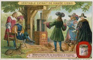 Denis Papin voert proeven uit met zijn zuigerstoommachine voor zijn vrienden, Marburg, Duitsland, 1690 door European School