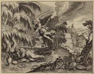 Elia gewekt door een engel in de wildernis (gravure)