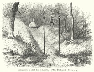 Ingang van een fetisjhut in Lunda (gravure) door European School