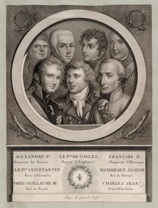Europese royalty van het begin van de 19e eeuw: Tsaar Alexander I van Rusland; George, Prins van Wales, Regent van Koning George III; Frans II, Heilige Roomse Keizer; Groothertog Konstantin Pavlovich van Rusland; Maximiliaan Jozef, Koning van Beieren en Ke
