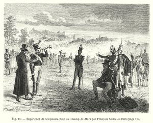 Telefoonexperiment uitgevoerd op het Champ-de-Mars door François Sudre in 1829