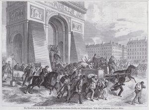Vluchtelingen van het bombardement van het Franse leger op Neuilly passeren de Arc de Triomphe, Parijse Commune, april 1871 door European School