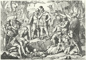 Germanicus begraaft de botten van soldaten van de drie Romeinse legioenen onder bevel van Publius Quinctilius Varus vernietigd door de Germanen in de Slag bij het Teutoburgerwoud in 9 v.Chr. door European School