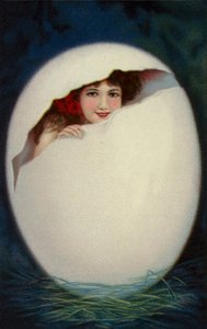 Meisje komt uit paasei (chromolitho)