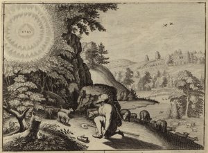God verschijnt aan Mozes in de brandende struik (gravure) door European School