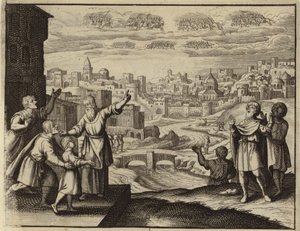 Goudgeklede cavalerie in de lucht boven Jeruzalem (gravure)