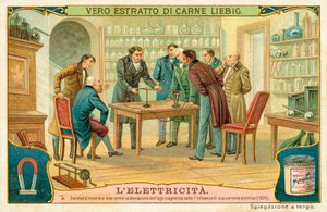 Hans Christian Oersted toont zijn vrienden de afwijking van de magnetische naald onder invloed van een elektrische stroom, 1820 door European School