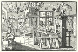 Interieur van een boekdrukkerij, ca. 1676 (gravure) door European School