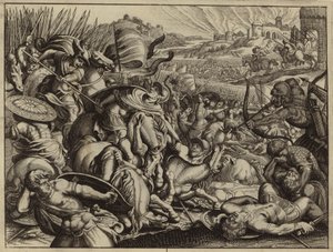 Israëlieten verslaan de Benjaminieten en verbranden hun stad (gravure) door European School