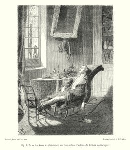 Jackson experimenteert op zichzelf met de werking van zwavelige ether (gravure)