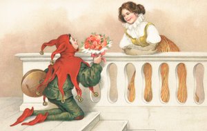Nar overhandigt rozen aan een mooi meisje op een balkon (chromolitho)