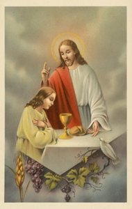 Jezus Christus zegent een meisje dat de heilige communie doet (kleurenlitho)