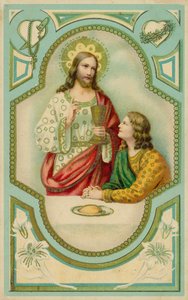 Jezus Christus zegent een man die de Heilige Communie neemt (chromolitho)
