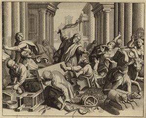 Jezus Christus verdrijft de geldwisselaars uit de tempel (gravure) door European School