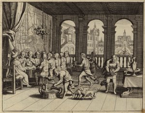 Jozef serveert een banket aan zijn broers in Egypte (gravure) door European School
