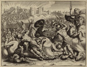 Jozua en de Israëlieten veroveren en verbranden de stad Ai (gravure) door European School