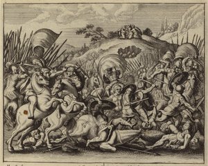 Jozua en de Israëlieten verslaan de Amalekieten terwijl Mozes op een bergtop bidt (gravure) door European School