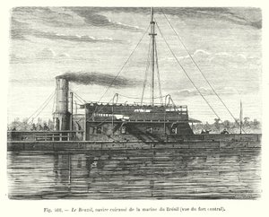 Het Brazil, gepantserd schip van de Braziliaanse marine, gezien vanaf het centrale fort (gravure)