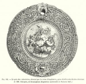 De prijs van de vrijwilligers, toegekend door de koningin van Engeland, elektrochemisch goudsmeedwerk van MM Elkington, Birmingham, Wereldtentoonstelling van Parijs in 1867 door European School