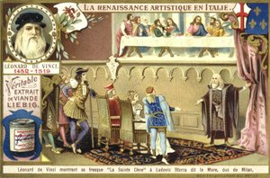 Leonardo da Vinci toont zijn fresco van het Laatste Avondmaal aan Ludovico Sforza, hertog van Milaan