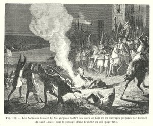 De Saracenen werpen Grieks vuur tegen de houten torens en de werken voorbereid door het leger van Sint Louis, voor de oversteek van een tak van de Nijl (gravure) door European School