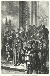 Luthers vijfennegentig stellingen aan de deur van de kerk van Wittenberg door European School