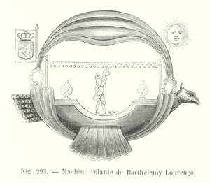 Vliegmachine van Barthelemy Lourenco (gravure)