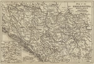 Kaart van Herzegovina, Bosnië, Servië en Montenegro (gravure) door European School