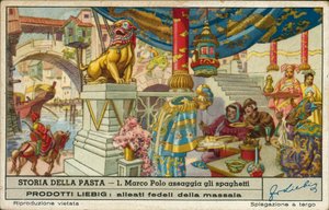 Marco Polo proeft spaghetti in China (chromolitho)