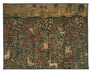 Mille fleurs tapijtfragment met dieren, vogels en landschap, c.1500 door European School