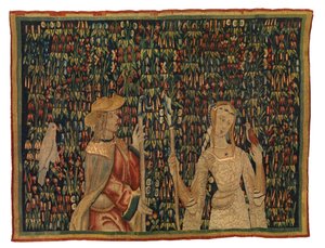 Mille fleurs wandtapijtfragment met herder en herderin of dame en jongeman door European School