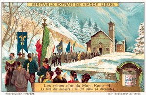 Mijnwerkers van de Monte Rosa goudmijnen vieren het feest van St. Barbara, patroonheilige van mijnwerkers