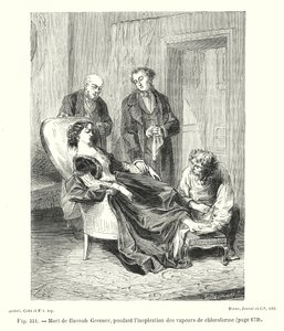 Dood van Hannah Greener, tijdens het inademen van chloroformdampen (gravure)