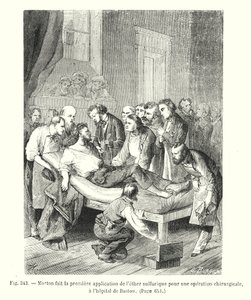 Morton doet de eerste toepassing van zwavelige ether voor een chirurgische operatie, in het ziekenhuis van Boston door European School