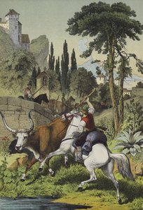 Bereden herders in Italië achtervolgen een steppenstier in een landschap met wilde kastanje, clusterden en Italiaanse populieren (kleur litho)