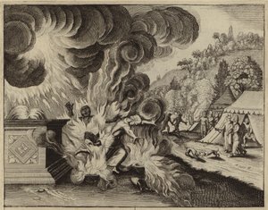 Nadab en Abihu verbrand door vuur voor het overtreden van Gods wet (gravure) door European School