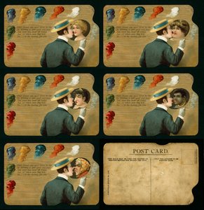 Nieuwigheidspostkaart met man die vijf verschillende meisjes kust (kleurenlitho) door European School
