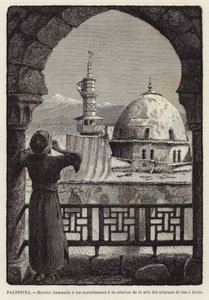 Palestina, Muezzin roept moslims op tot gebed vanaf de minaret van Isa of Jezus door European School