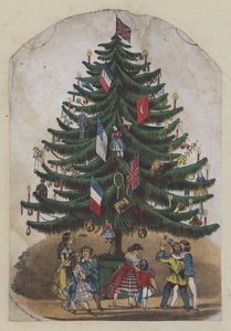 Mensen onder een kerstboom, wenskaart