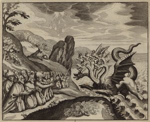 Mensen aanbidden het zevenkoppige beest uit de zee