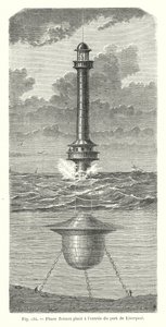 Drijvende vuurtoren geplaatst bij de ingang van de haven van Liverpool (gravure) door European School