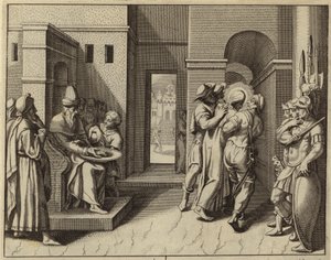 Pontius Pilatus wast zijn handen na de veroordeling van Jezus Christus (gravure) door European School