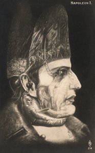 Portret van Napoleon Bonaparte, met scènes van zijn veldslagen getekend op zijn gezicht en hoed