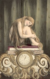 Portret van een meisje zittend boven een klok (kleurenlitho) door European School