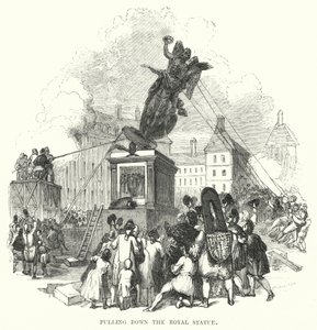 Het neerhalen van het koninklijk standbeeld (gravure) door European School