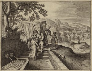 Rebecca geeft water aan Abrahams dienaar Eliezer en zijn kamelen (gravure) door European School
