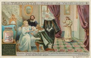 Rodolphe vraagt om vergeving van Violetta die stervende is