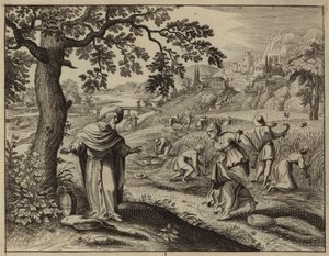 Ruth ontmoet Boaz terwijl ze aren raapt in zijn veld (gravure) door European School