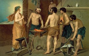 Heilige verschijnend aan smeden in een smederij (chromolitho) door European School